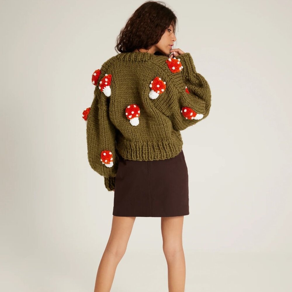 Society Mano Mushroom Green Cropped Chunky Cardigan Sweater Women S/ MSRP$249 - Picture 4 of 10